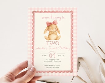 Bunny Birthday Party | ANY AGE | Some Bunny is Two Invitation Pink Gingham | Editable Canva Template