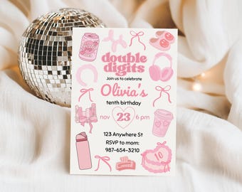 Hello Double Digits 10th Birthday Invitation for Tween Girl | Pink Aesthetic Pink Bow Invite Canva Template | 10 Year Old Girl | 91B7