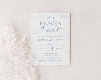 Heaven Sent Baby Shower Invitation Bundle, Cloud 9 Blue Christian, Canva Digital Download