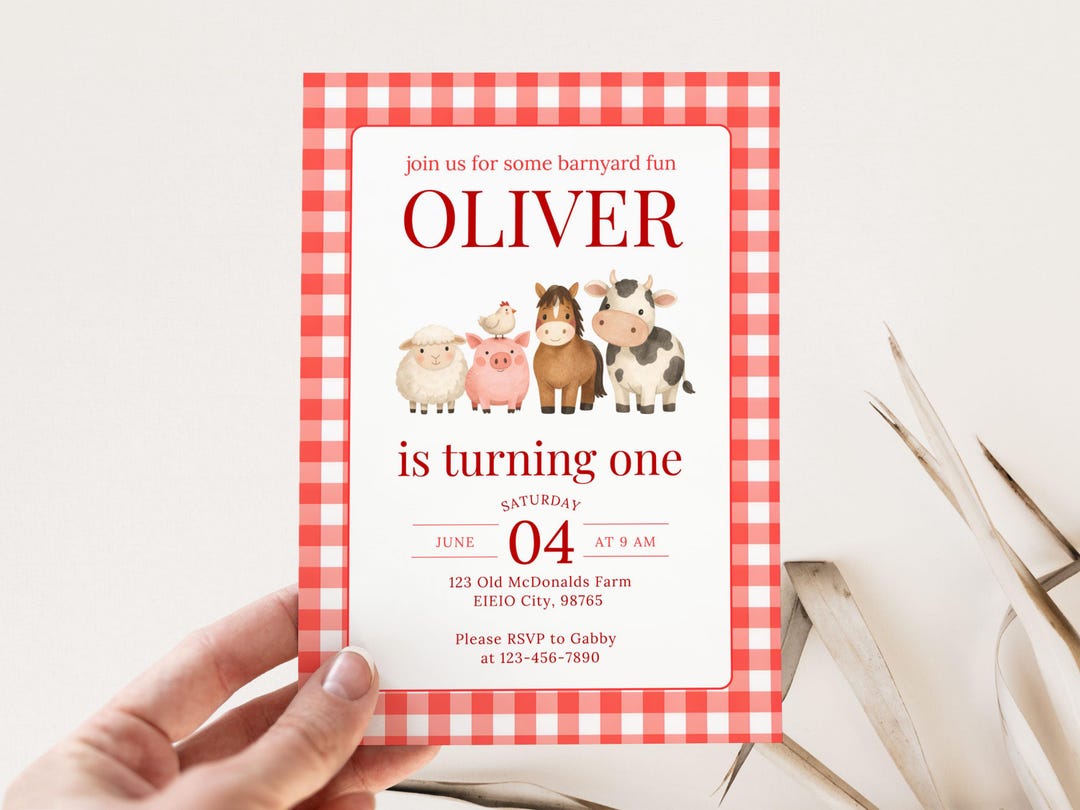Barnyard Birthday Invite | Boy Farm Invitation | Bright Colorful Red ...