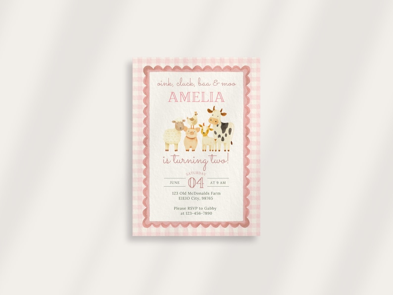 May include: A pink gingham-framed invitation with the text "oink, cluck, baa & moo" and "AMELIA is turning two!" features illustrations of farm animals. The invitation includes event details: June 04 at 9 AM, and an RSVP contact.