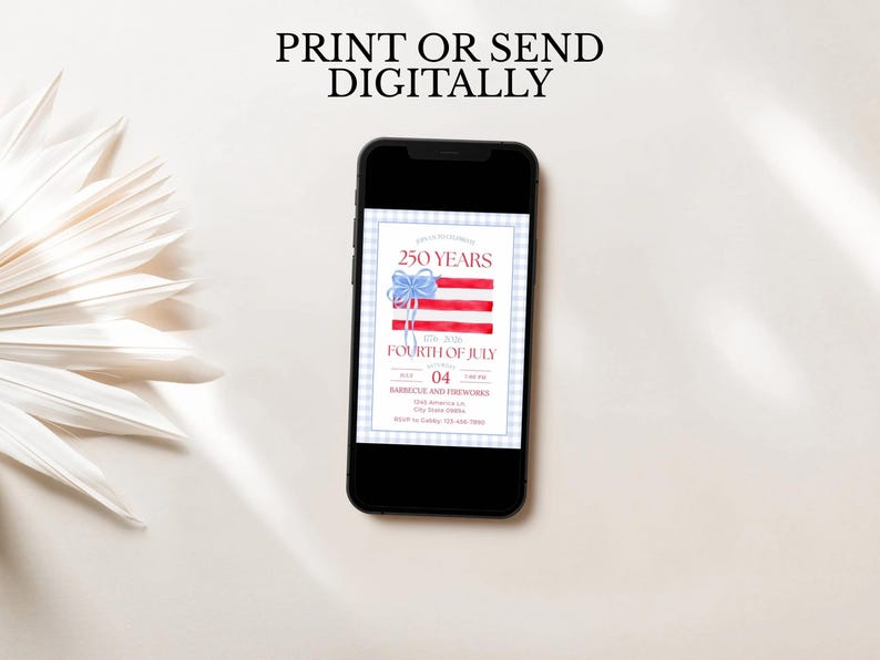 A festive July 4th, 2026, invitation celebrating 250 years. The card features red and white watercolor stripes with a blue ribbon bow and a blue gingham border. It announces a "Barbecue and Fireworks" event on Saturday, July 4 at 7:00 PM.