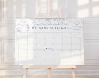 Calendario de fecha de parto de bebé con temática oceánica, juego de predicciones para baby shower, decoración para baby shower "Nos vemos pronto", plantilla editable de animales marinos para Canva B7J1