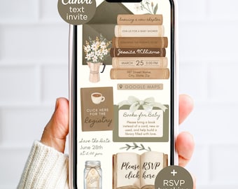 Digital Coffee and Books Boy Baby Shower Invitation with RSVP & Registry Links, New Chapter Canva Template Text Invite
