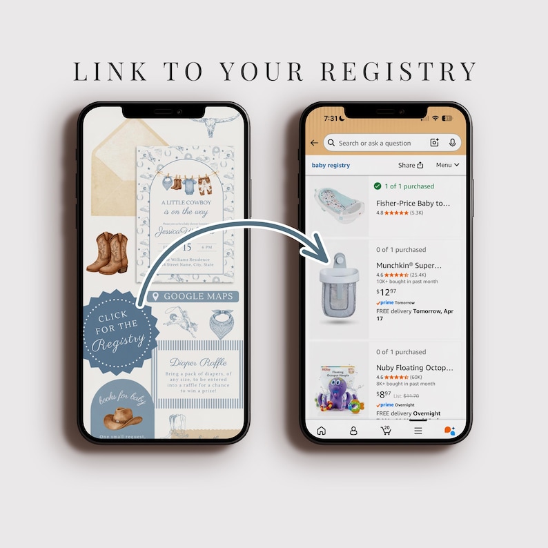 May include: Two smartphones displaying a baby registry and a cowboy-themed baby shower invitation. The invitation reads "A Little Cowboy is on the way" with a cowboy boot and hat graphic. The registry shows baby products.