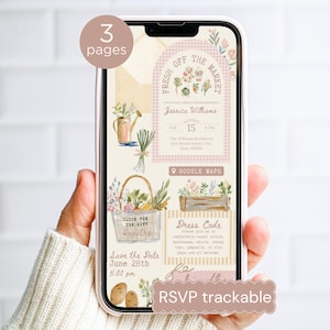 Op de afbeelding: Een smartphonescherm met een digitale uitnodiging op een crèmekleurige achtergrond, voorzien van aquarelillustraties van groenten, een gieter en een mand. De tekst bevat Fresh Off The Market, Jessica Williams, Google Maps en RSVP trackable.