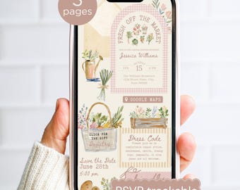 Invitación digital para despedida de soltera con temática de mercado agrícola y confirmación de asistencia, invitación editable para despedida de soltera con temática de mercado agrícola, plantilla rosa de Canva para sitio web.