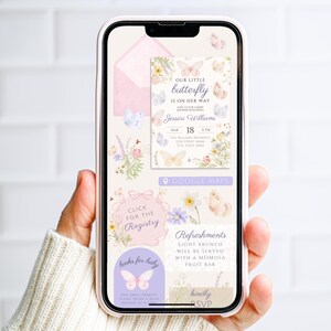 May include: A smartphone screen shows a baby shower invitation with a butterfly theme. The invitation includes the text "Our Little Butterfly is on Her Way" and event details. The phone is held in a person's hand.