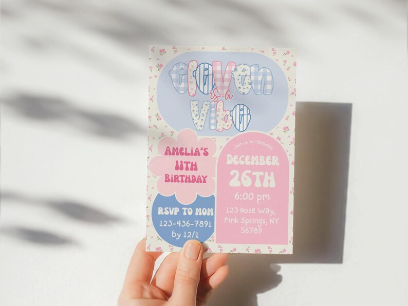 Matching preppy floral thank-you cards editable in Canva with pastel gingham background, modern floral patterns, and girly color palette. Printable or digital cards for 11th birthday celebration, designed to match the invitation.