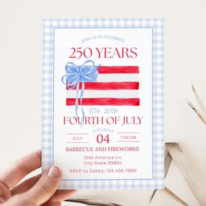 An invitation card for a 250th-anniversary Fourth of July celebration (1776–2026). The design features a light blue and white gingham border. In the center, a watercolor illustration shows red stripes topped with a blue watercolor bow, mimicking the American flag. The text reads "250 YEARS" in red serif font, followed by "FOURTH OF JULY" and event details for a barbecue and fireworks.