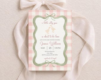 Girl Silly Goose Baby Shower Invitation, Editable Pink Gingham Canva Invite, Vintage Pastel Coquette Digital Download