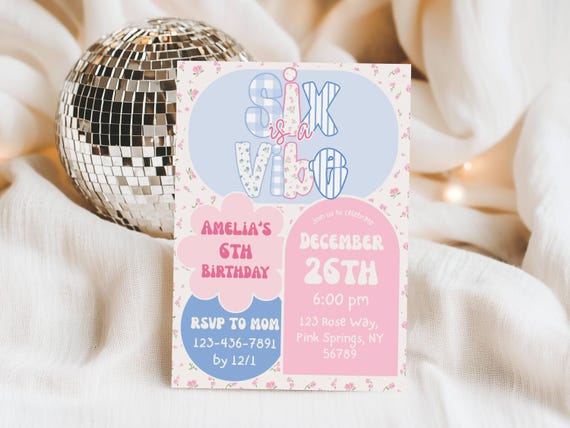 Six Year Old Girl Birthday Invitation | Six Is A Vibe | 6th Birthday Invite | Preppy Pink Gingham Floral Editable Canva Template