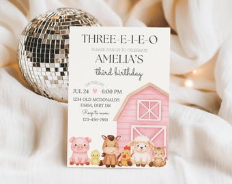 Pink Farm Birthday Invitation Three-I-E-I-O 3rd Birthday Invite, Barnyard Girl Party, Farm Animal Party Printable, Editable Template, Canva