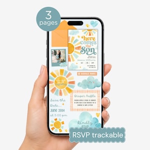 Può includere: Un invito digitale per baby shower visualizzato su uno schermo di smartphone con un tema di sole e nuvole, con il testo Here Comes the Son, Jessica Williams, Oct 25, 5pm, 1234 Sunshine Rd, City State, Zip, Diaper Raffle, Save the Date, June 28th.
