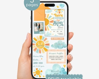 Convite digital para chá de bebê "Aqui Vem o Filho" com links para RSVP e lista de presentes, modelo de texto em Canva com tema Boho Sunshine.