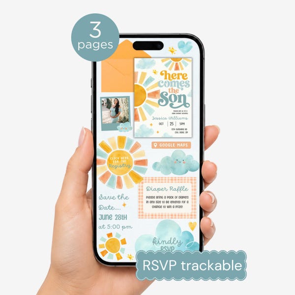 Invitación digital para baby shower "Here Comes The Son" con enlaces para confirmación de asistencia y registro de regalos, plantilla de texto Boho Sunshine para Canva.
