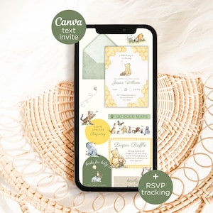 May include: A smartphone displaying a digital baby shower invitation featuring Winnie the Pooh characters, honeycomb patterns, and text including A little honey is on the way, Jessica Williams, Google Maps, Click for the Registry, and Diaper Raffle.