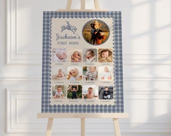 Digital Cowboy Rodeo Baby Photo Board, Western Milestone Poster 1st Birthday Month Sign Canva Template E4F2