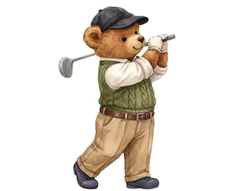 Teddy Bear Golf Clipart PNG | Boy Baby Shower Theme Hole in One Golf Nursery Art Watercolor Vintage Golf Art Digital Download K4L9