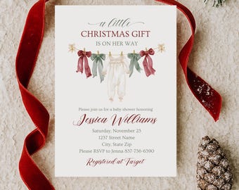 Christmas Baby Shower Invitation for Girl, Editable Merry Little Canva Invite, Holiday Winter Digital Download