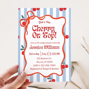 Cherry Baby Shower Invitation | Coquette Cherry on Top Invite | Red Bow Girl Or Gender Neutral Editable Canva Digital Download