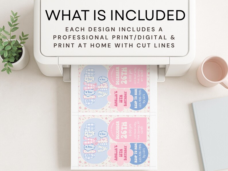 Printable layout of preppy floral 11th birthday invitation and thank-you cards, arranged two per 8.5x11 letter-size page. Editable Canva format for easy at-home printing or professional print options.