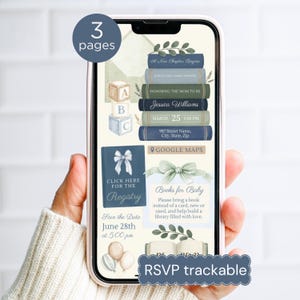 May include: A digital baby shower invitation displayed on a smartphone screen featuring a stack of books, alphabet blocks, and balloons. The text includes A New Chapter Begins, Jessica Williams, March 25, 5:00 PM, Registry, and RSVP trackable.