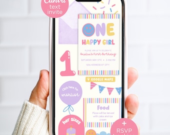 One Happy Girl First Birthday Invitation for Text, Editable Whimsical Colorful Canva Website Invite, 1st Bday Evite
