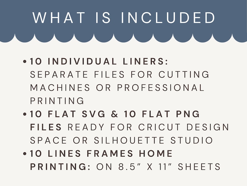 Pu&ograve; includere: Immagine di un prodotto digitale con il testo "WHAT IS INCLUDED" in alto. Il testo elenca 10 rivestimenti individuali, 10 file SVG e PNG e 10 cornici di linee per la stampa domestica su fogli A4 (21 x 29,7 cm).