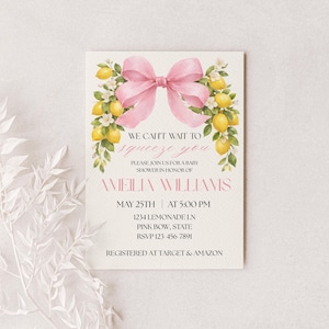 Lemon Baby Shower Invitation Bundle with Cards | Citrus Baby Shower Invite | Pink Bow Girl Editable Canva Template