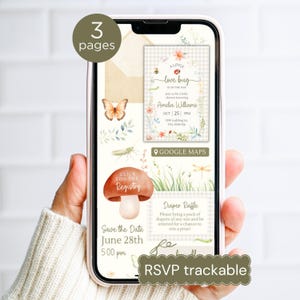 Puede incluir: Una pantalla de smartphone que muestra una invitación digital de baby shower de tres páginas con temática natural. El diseño incluye ilustraciones de mariposas, un hongo e insectos, con texto que incluye A little love bug is on the way y Google Maps.