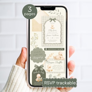 May include: A smartphone displays a baby shower invitation with a duckling theme. The invitation includes the text "Filly Goose," event details, and a request for diapers and books. The design features soft green and beige tones.