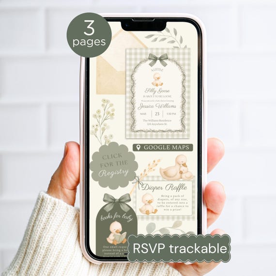 Sage Green Gingham Goose Baby Shower Invitation With Trackable RSVP | Boy Mother Goose  Invite | Editable Silly Goose WEBSITE Canva Template