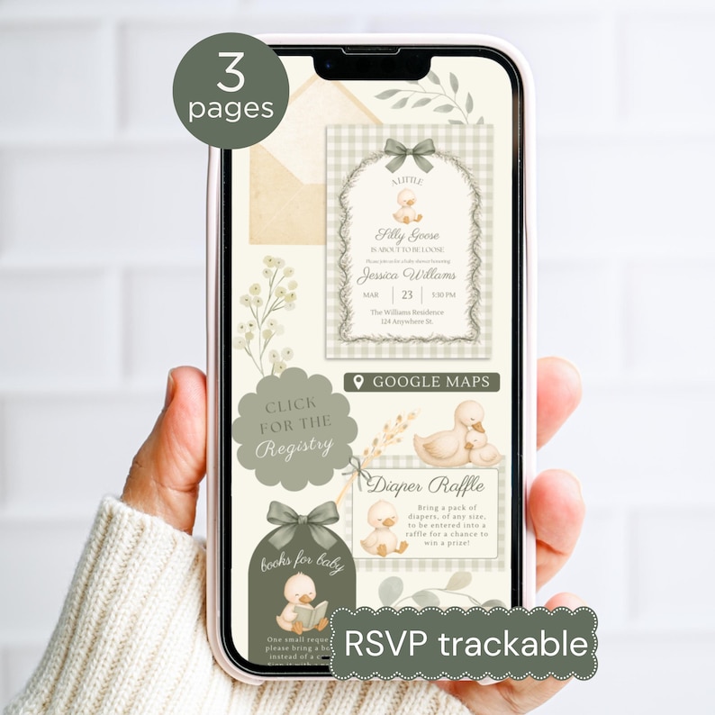 May include: A smartphone displays a baby shower invitation with a duckling theme. The invitation includes the text "Filly Goose," event details, and a request for diapers and books. The design features soft green and beige tones.