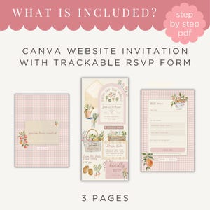 May include: A digital Canva website invitation template with a trackable RSVP form, featuring three pages with a pink gingham pattern, watercolor illustrations of fresh produce, and text including "What is included?", "Fresh off the market", and "RSVP here".