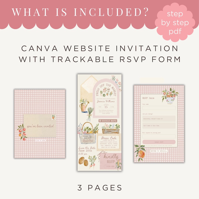 May include: A digital Canva website invitation template with a trackable RSVP form, featuring three pages with a pink gingham pattern, watercolor illustrations of fresh produce, and text including "What is included?", "Fresh off the market", and "RSVP here".