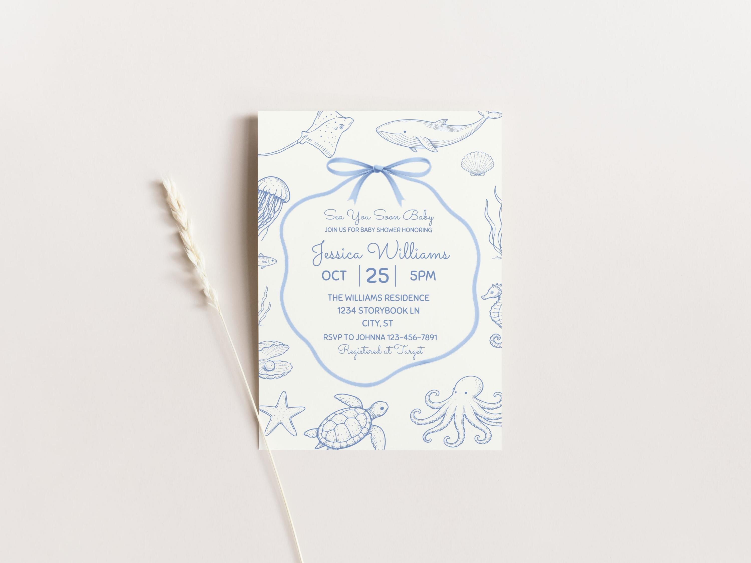 Sea You Soon Coastal Baby Shower Invitation Bundle | Editable Canva ...
