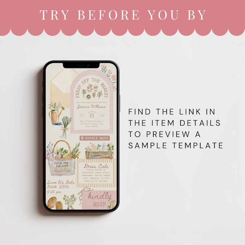 May include: A smartphone displaying a digital invitation template with a market theme, featuring illustrations of vegetables, flowers, and text including "Fresh Off The Market," "Jessica Williams," "Dress Code," and "Kindly RSVP" on a light background.