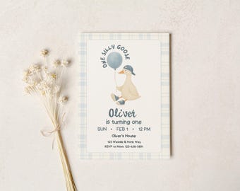 Boy One Silly Goose Invite | Neutral Goose 1st Birthday Invitation | Editable Canva | Printable Template, Digital Download | L0Y1