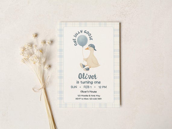 Boy One Silly Goose Invite | Neutral Goose 1st Birthday Invitation | Editable Canva | Printable Template, Digital Download |