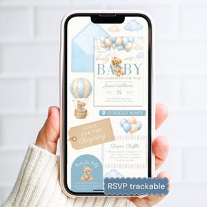 May include: A smartphone displays a baby shower invitation with a teddy bear theme. The invitation features blue and beige colors, balloons, and the text "We can bearly wait BABY." Additional elements include a registry link and RSVP information.