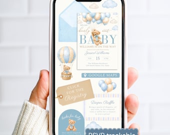 Plantilla de sitio web para baby shower con invitación de osito de peluche y globo "We Can Bearly Wait" con confirmación de asistencia / Invitación editable en Canva Evite para niño, color azul, digital N7J8