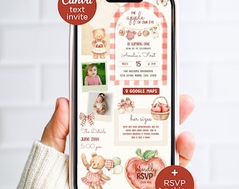 Digital Autumn Fall Girl Birthday Invitation with RSVP,  Red Apple Canva Template Text Invite
