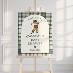 Golf Baby Shower Welcome Sign | Vintage Green Plaid Teddy Bear Golfing Poster for Boy | Editable Canva | K4L9