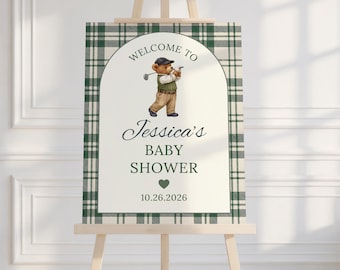 Golf Baby Shower Welcome Sign | Vintage Green Plaid Teddy Bear Golfing Poster for Boy | Editable Canva | K4L9