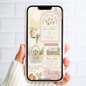 May include: A smartphone displaying a digital bridal shower invitation with a market theme. The design features watercolor illustrations of vegetables, a watering can, and a basket, with text including Fresh Off The Market, Jessica Williams, and RSVP.