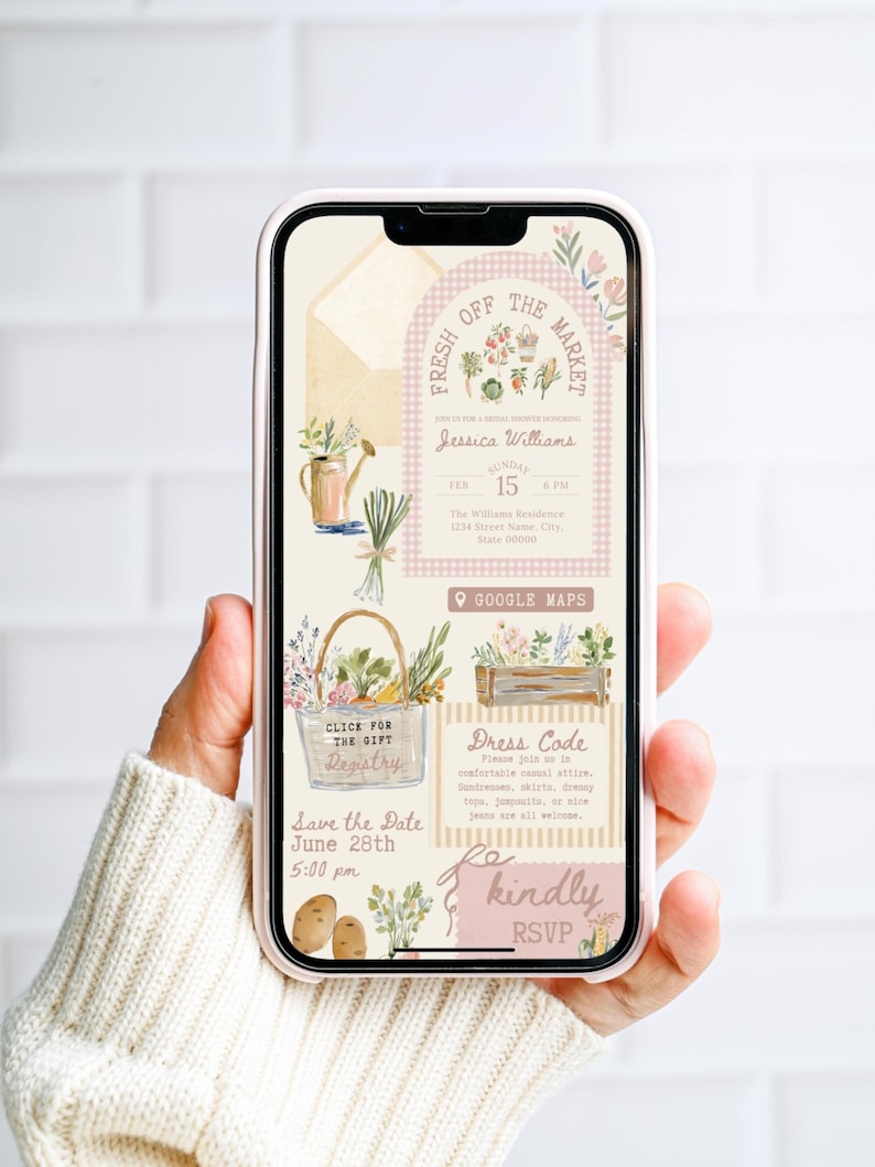 May include: A smartphone displaying a digital bridal shower invitation with a market theme. The design features watercolor illustrations of vegetables, a watering can, and a basket, with text including Fresh Off The Market, Jessica Williams, and RSVP.