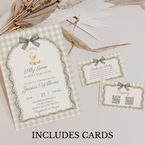 Baby shower invitation bundle in sage green gingham silly goose theme with matching books for baby and registry cards. Features duck illustration, greenery frame, and bow detail. Editable Canva template, printable or digital set, neutral and classic baby shower design.