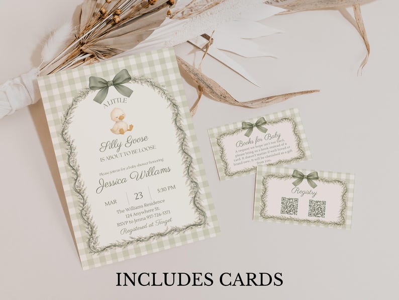 Baby shower invitation bundle in sage green gingham silly goose theme with matching books for baby and registry cards. Features duck illustration, greenery frame, and bow detail. Editable Canva template, printable or digital set, neutral and classic baby shower design.