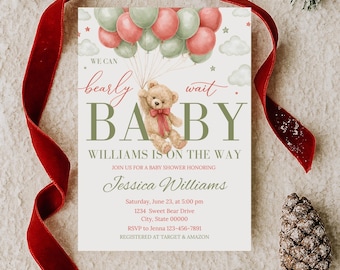 Bearly Wait Christmas Baby Shower Invitation, Editable Teddy Bear Canva Invite, Gender Neutral December Digital Download